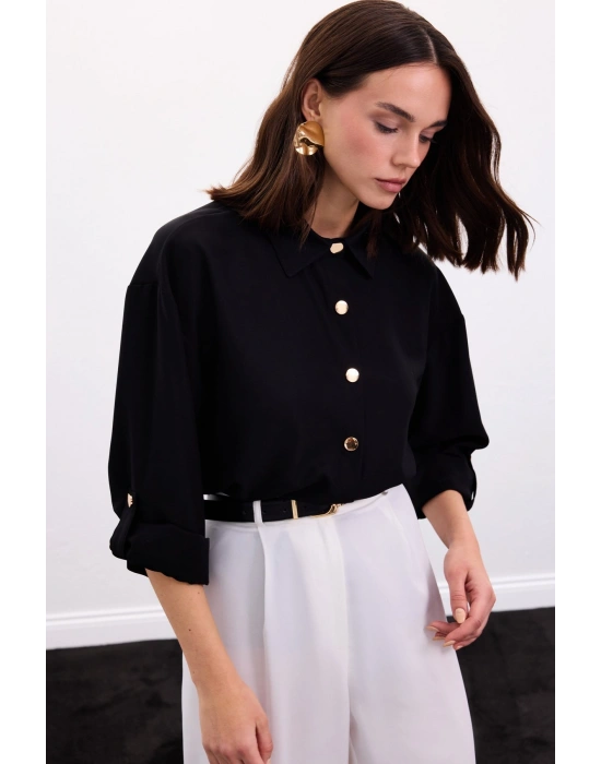 Çıtçıt Detaylı Gömlek - Siyah