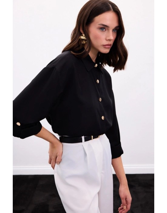 Çıtçıt Detaylı Gömlek - Siyah
