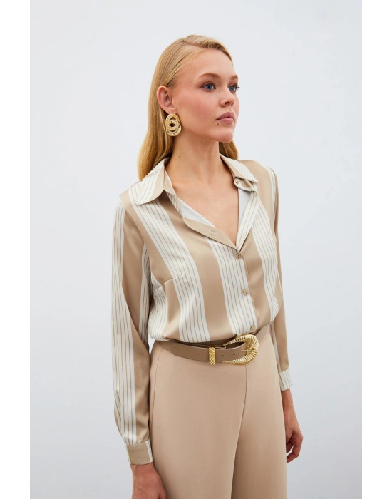 Çizgi Desenli Gömlek - Bej