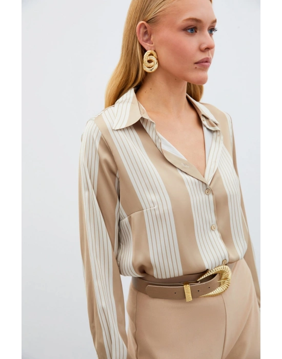 Çizgi Desenli Gömlek - Bej