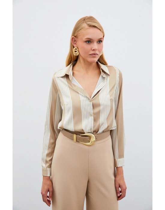 Çizgi Desenli Gömlek - Bej