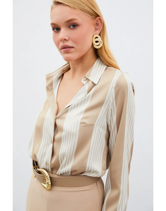Çizgi Desenli Gömlek - Bej