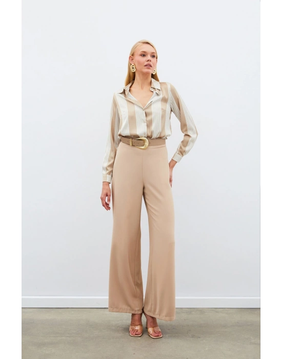Çizgi Desenli Gömlek - Bej