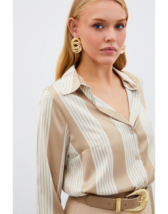 Çizgi Desenli Gömlek - Bej