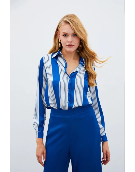 Çizgi Desenli Gömlek - SAX MAVİ