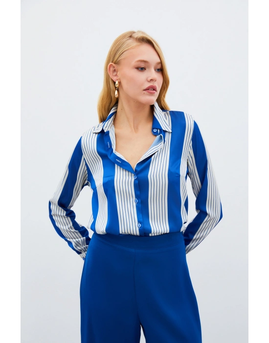 Çizgi Desenli Gömlek - SAX MAVİ