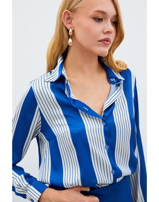 Çizgi Desenli Gömlek - SAX MAVİ