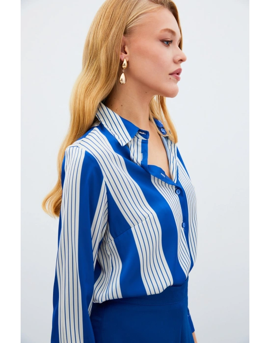 Çizgi Desenli Gömlek - SAX MAVİ