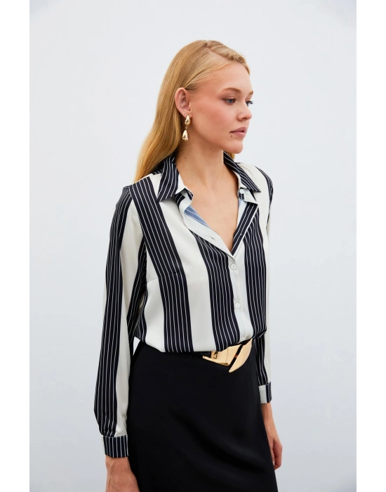 Çizgi Desenli Gömlek - SİYAH