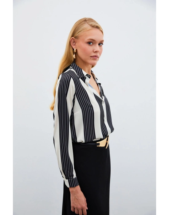Çizgi Desenli Gömlek - SİYAH