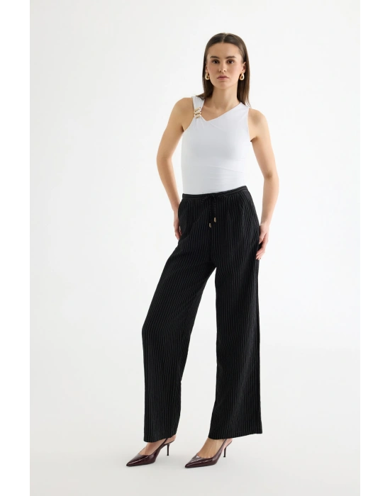 Çizgili Bağcıklı Bol Paça Pantolon Siyah