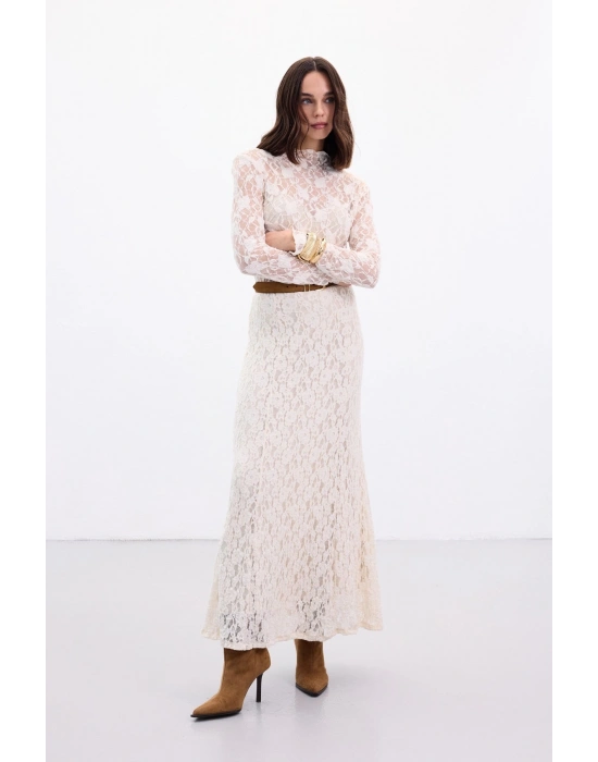 Dantelli Uzun Etek - Bej