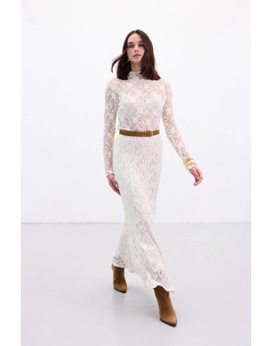 Dantelli Uzun Etek - Bej