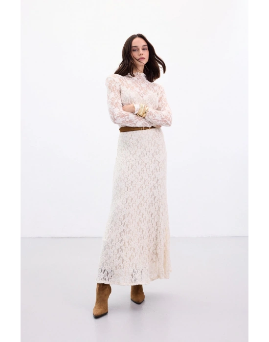 Dantelli Uzun Etek - Bej
