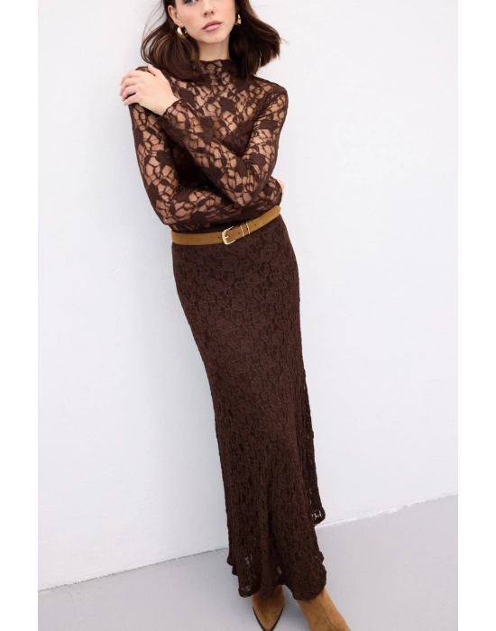 Dantelli Uzun Etek - Kahve