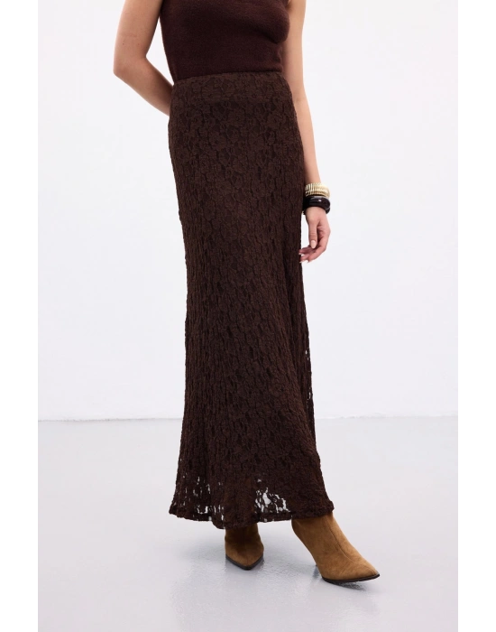 Dantelli Uzun Etek - Kahve