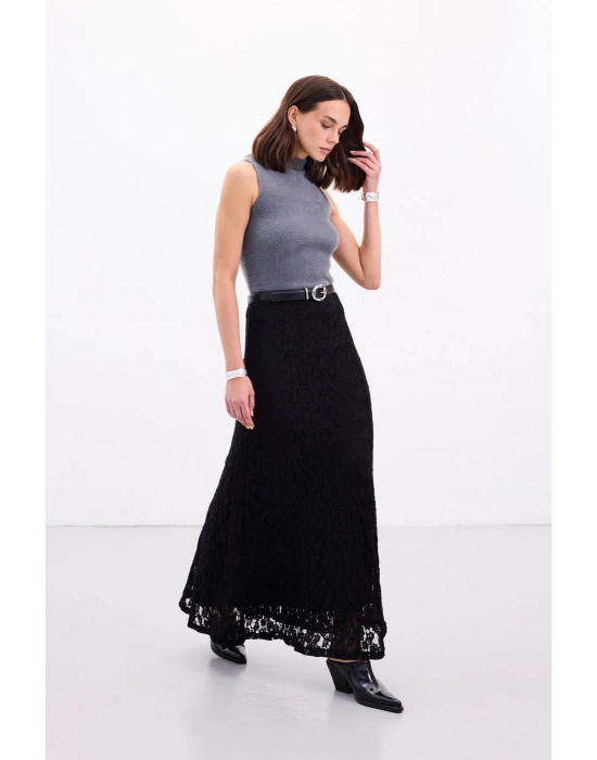 Dantelli Uzun Etek - Siyah