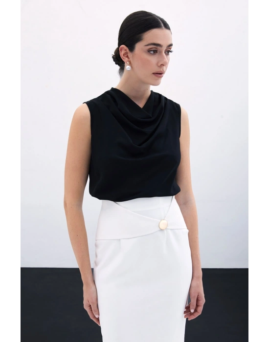 Degaje Yaka Kolsuz Bluz - Siyah