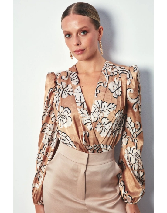 Desenli Bodysuit Bluz - Camel