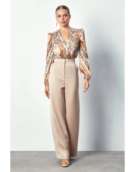 Desenli Bodysuit Bluz - Camel