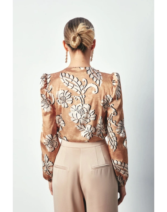 Desenli Bodysuit Bluz - Camel