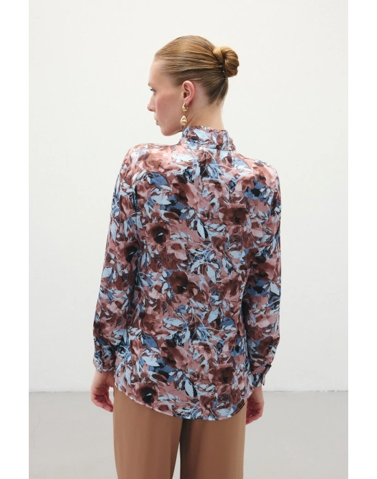 Desenli Fular Yaka Gömlek - Kahve