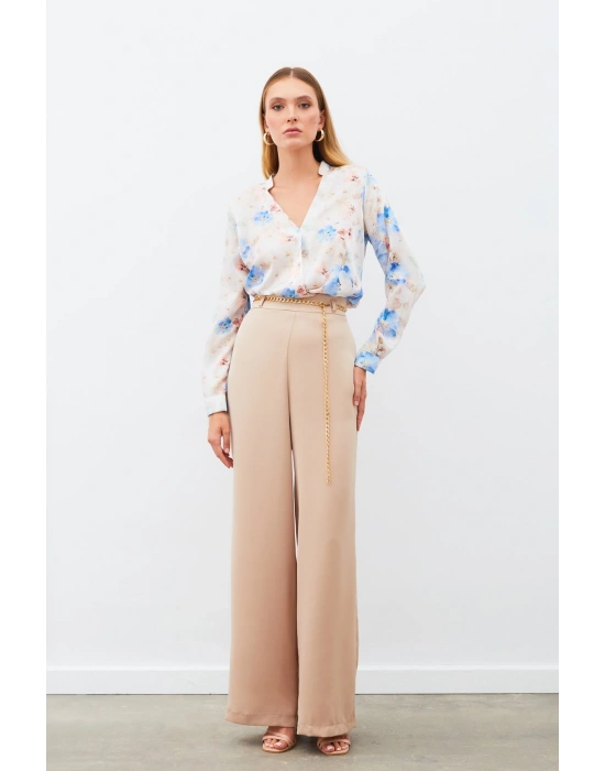 Desenli Kruvaze Bluz - MAVİ