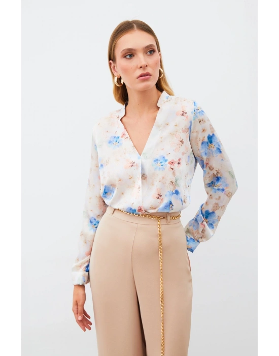 Desenli Kruvaze Bluz - MAVİ