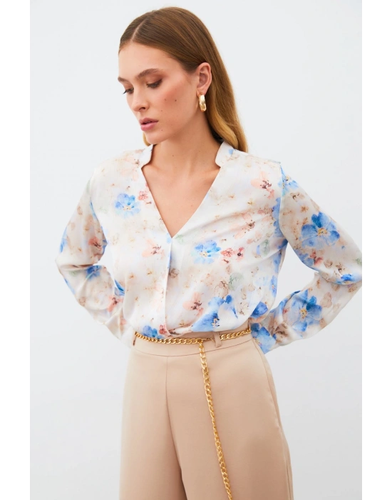 Desenli Kruvaze Bluz - MAVİ