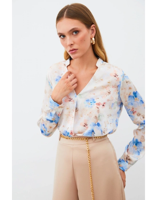 Desenli Kruvaze Bluz - MAVİ