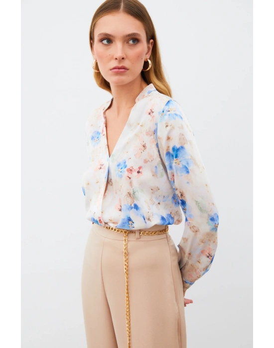 Desenli Kruvaze Bluz - MAVİ