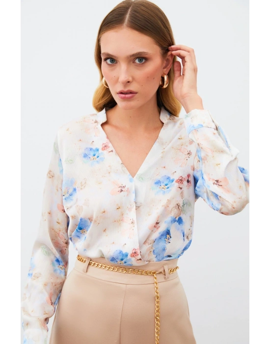 Desenli Kruvaze Bluz - MAVİ