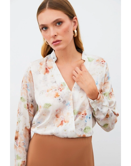 Desenli Kruvaze Bluz - VİZON