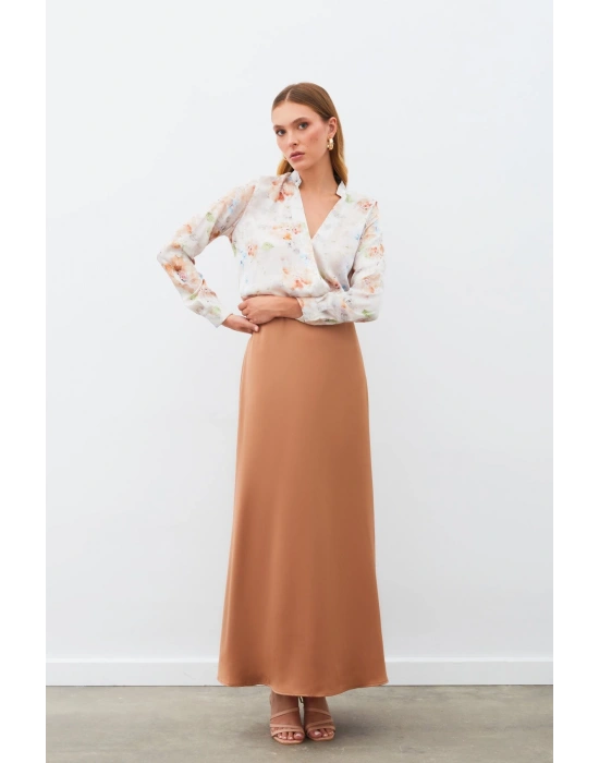 Desenli Kruvaze Bluz - VİZON