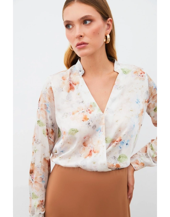 Desenli Kruvaze Bluz - VİZON