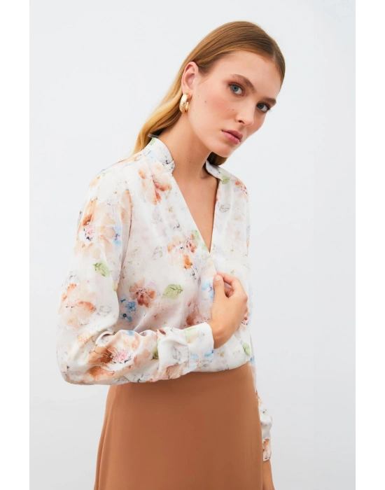 Desenli Kruvaze Bluz - VİZON