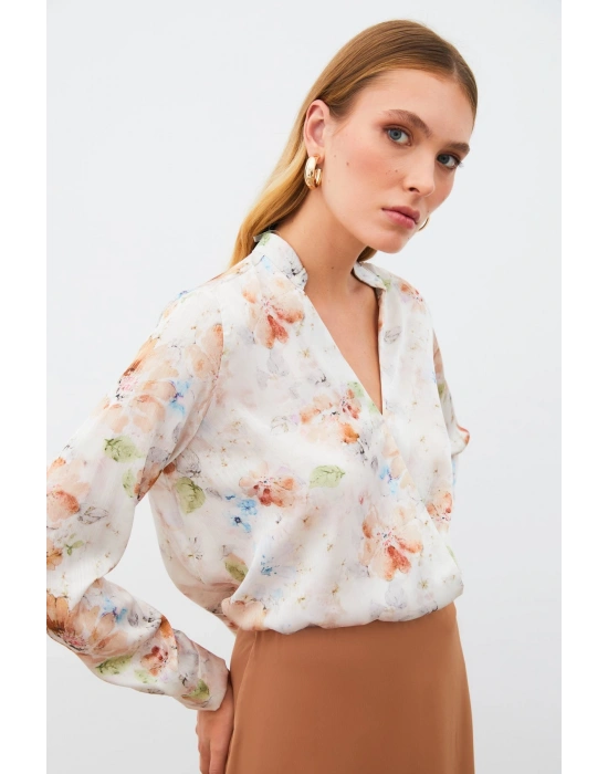 Desenli Kruvaze Bluz - VİZON