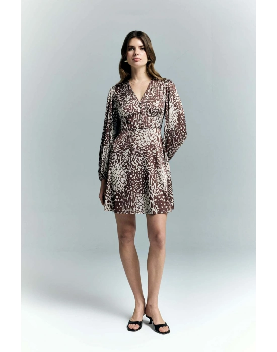 Desenli Mini Elbise - Kahve