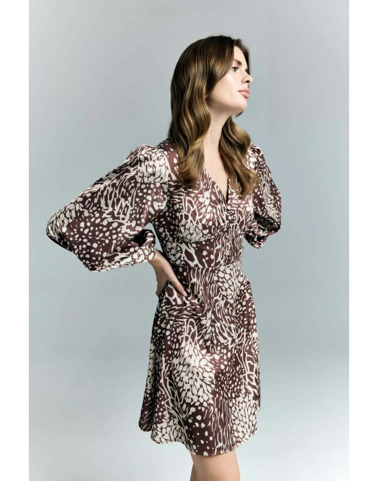 Desenli Mini Elbise - Kahve