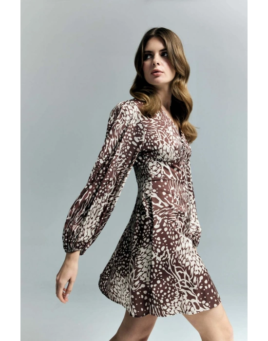 Desenli Mini Elbise - Kahve