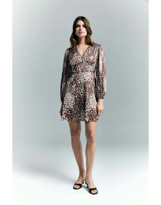 Desenli Mini Elbise - Kahve