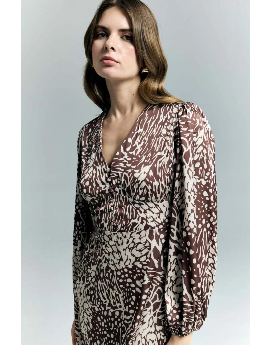 Desenli Mini Elbise - Kahve