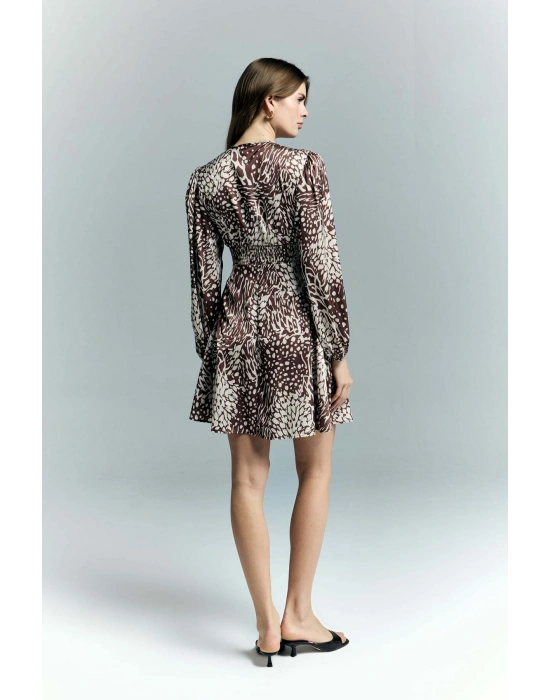 Desenli Mini Elbise - Kahve