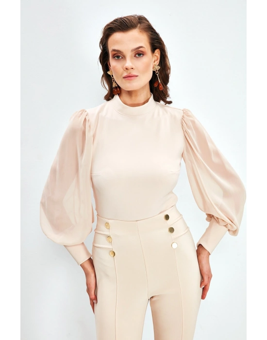 Dik Yaka Şifon Kol Detaylı Bluz - Bej