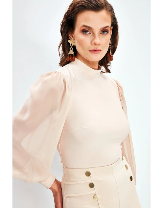 Dik Yaka Şifon Kol Detaylı Bluz - Bej