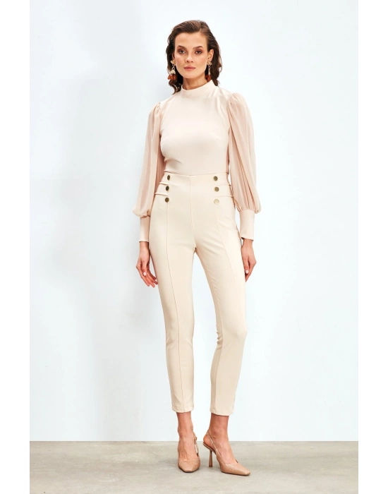 Dik Yaka Şifon Kol Detaylı Bluz - Bej