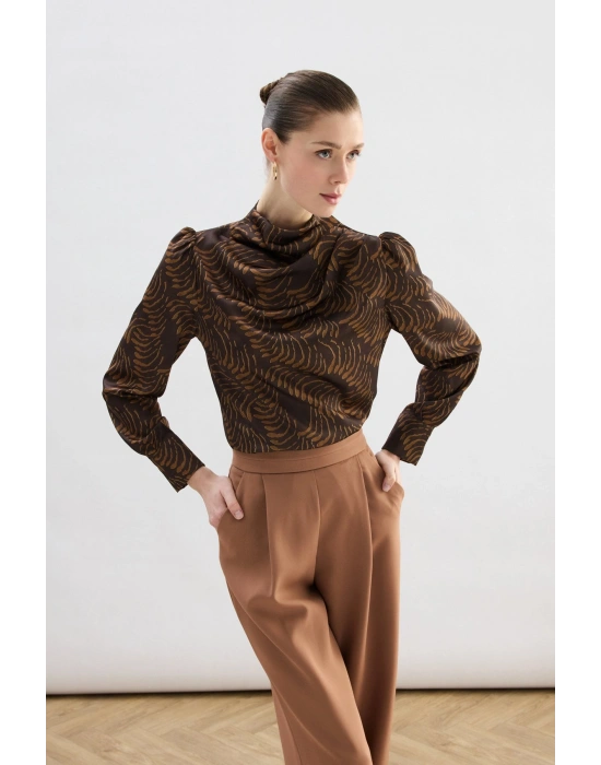 Drape Detaylı Desenli Bluz - Kahve