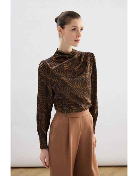Drape Detaylı Desenli Bluz - Kahve
