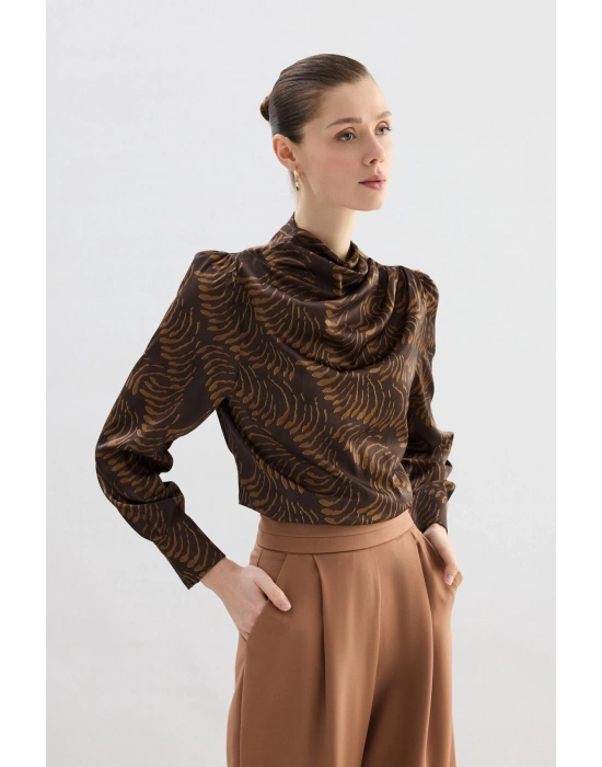Drape Detaylı Desenli Bluz - Kahve