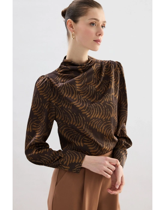 Drape Detaylı Desenli Bluz - Kahve